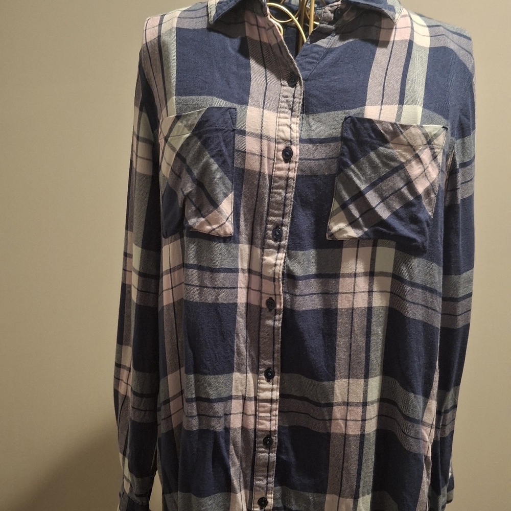 Women's Navy and Pink Plaid Button Down Shirt